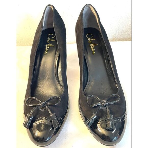 Cole Haan Wingtip Bow Black Suede/Pt Leather Pumps Size 9B New Without Box!  C - Picture 1 of 11